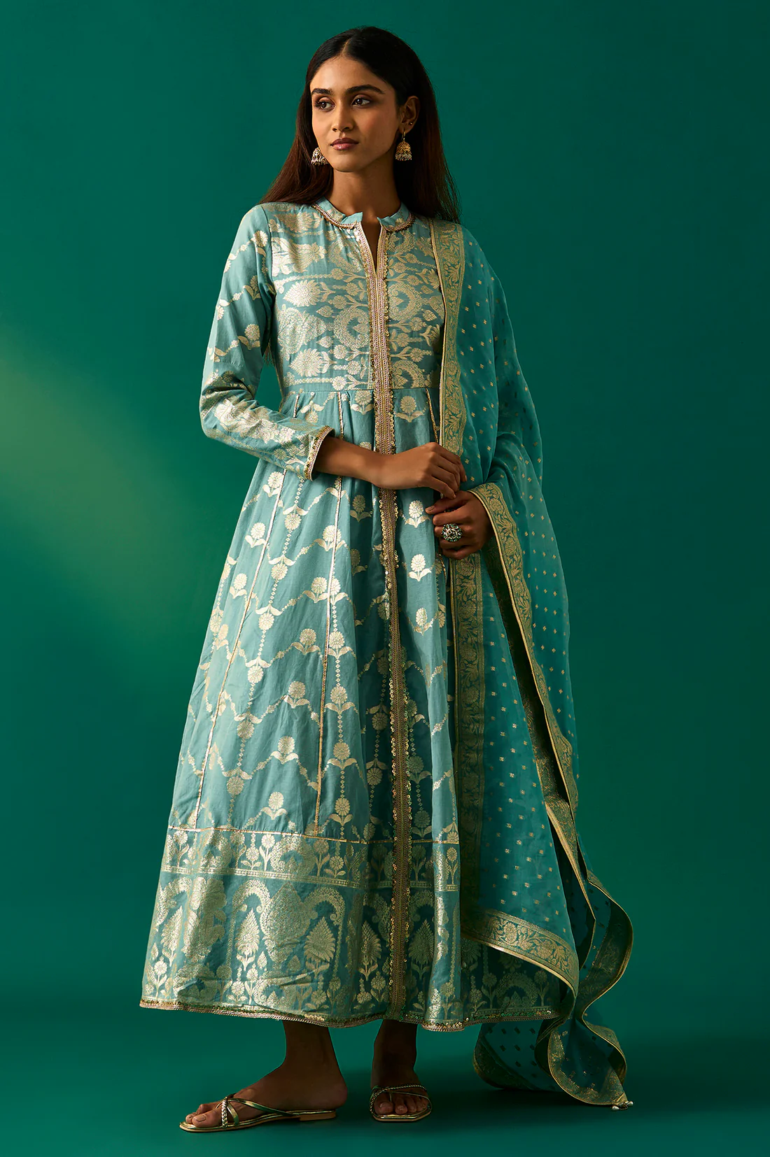 Aqua Green Zari Embroidered Jacquard Anarkali